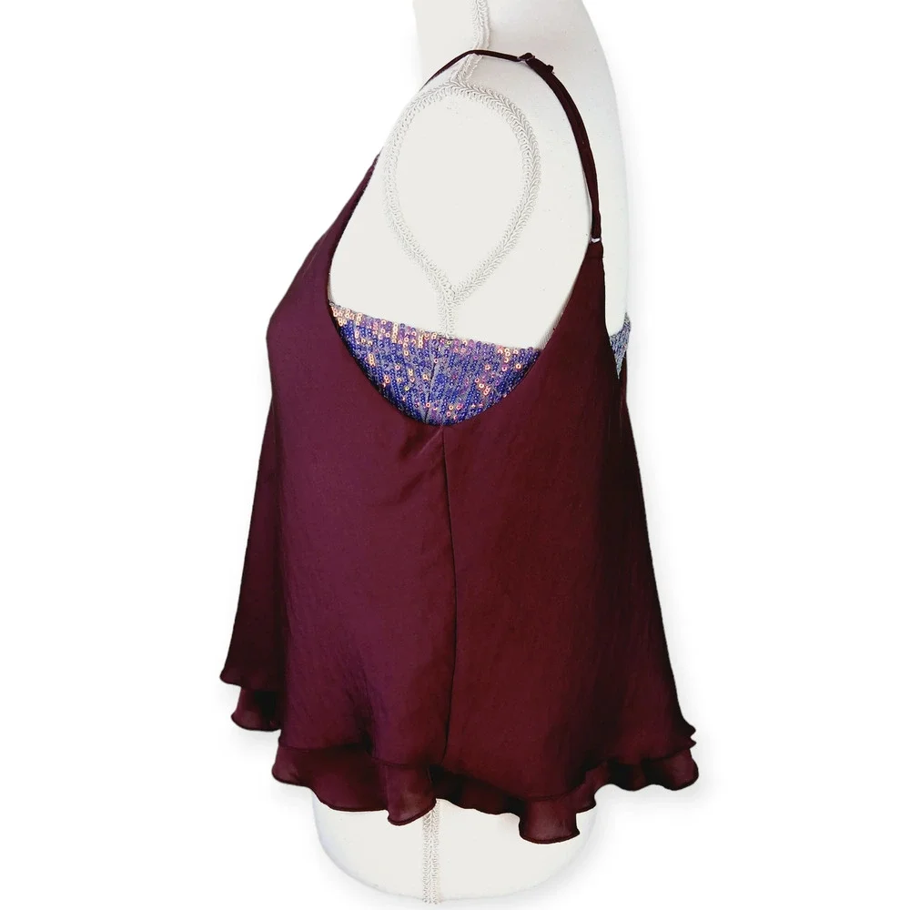 Free People SZ M Turn It On Cami Merlot Sequin Embellished Inset OB1064843